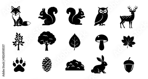 Nature silhouettes: woodland animals and forest elements in black design