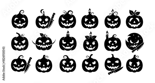 Spooky halloween pumpkin silhouettes with wicked faces and knives