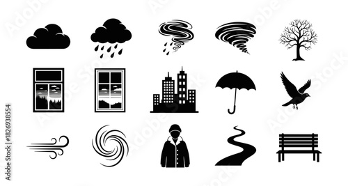 Weather icons collection: minimalist black silhouettes depicting various climate and nature elements