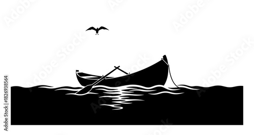 Silhouette of rowboat on tranquil sea with soaring bird