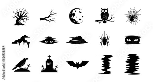 Spooky halloween silhouettes collection with creepy icons and elements