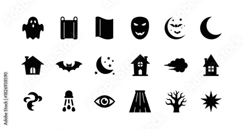 Spooky halloween icons set featuring ghosts, bats, and haunted houses