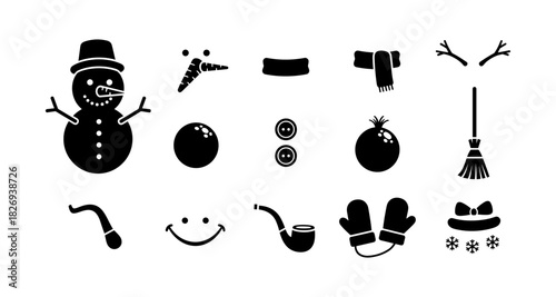 Winter silhouette icons set featuring snowman with accessories