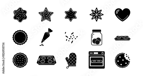 Festive cookie baking set: icons of shapes, tools, and treats in black