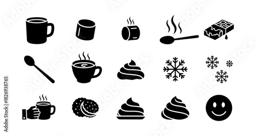 Winter beverage icons: coffee, cocoa, and treats in black silhouette style