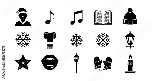 Holiday icons: festive silhouettes of winter clothing, music notes, snowflakes, and more