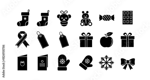 Black and white christmas icons set: stockings, gifts, mittens, and more
