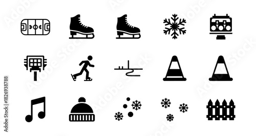 Winter sports and music icons set featuring skating and snowflakes