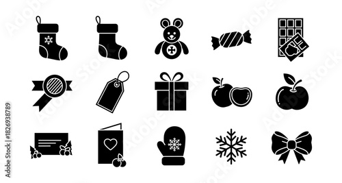 Festive holiday icons set in black silhouette style for christmas design