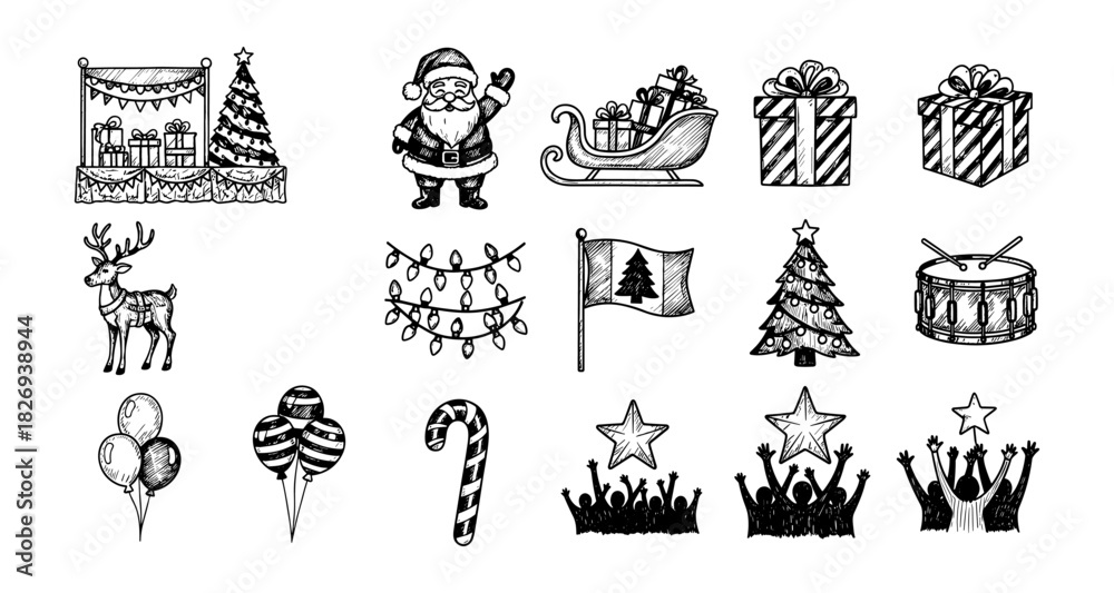 Naklejka premium Hand drawn christmas elements with santa, gifts, and decorations for festive designs