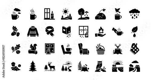 Cozy autumn and winter icons: nature, wildlife, and home comforts in minimalist silhouette style
