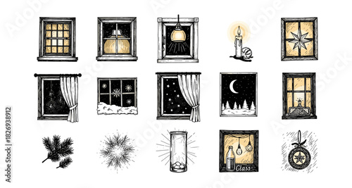 Vintage window designs with cozy winter elements and hand-drawn christmas accents