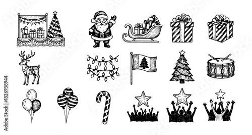 Hand drawn christmas elements with santa, gifts, and decorations for festive designs