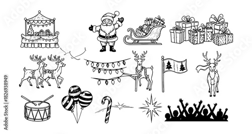 Festive christmas elements with santa, reindeer, and gifts in black and white doodle style