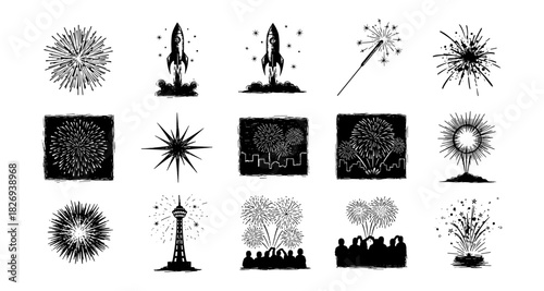 Festive fireworks: black and white celebration icons with night sky and city silhouettes