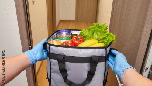 Courier delivering groceries from supermarket in a thermal bag, emphasizing safe, fast, and hygienic food delivery services for home and urban customers