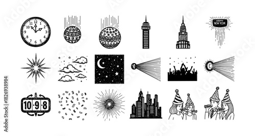 New year celebration icon set featuring festive elements and holiday scenes