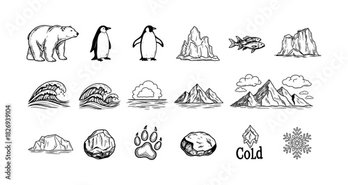 Hand-drawn arctic and antarctic wildlife and landscapes with animals and icebergs
