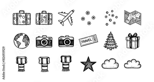 Hand-drawn travel essentials with holiday elements and winter symbols