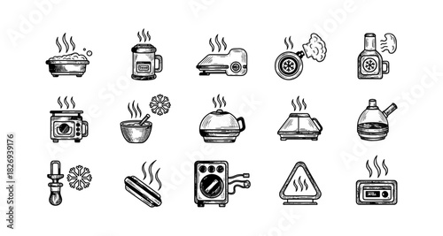 Vintage kitchen appliance icons with hand drawn style in black and white