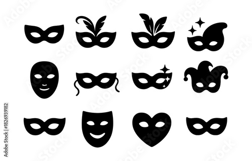 Collection of carnival and masquerade masks in black silhouette style