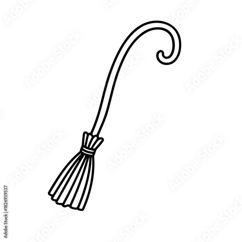 A simple line drawing of a witch's broom with a curved handle and bundled straw bristles detail