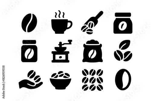 Coffee icons set: silhouette style with beans, cups, grinder, and more