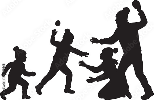 family winter silhouette, children snow play, parents with kids, snowball fight activity, holiday fun, cold weather, black silhouette vector