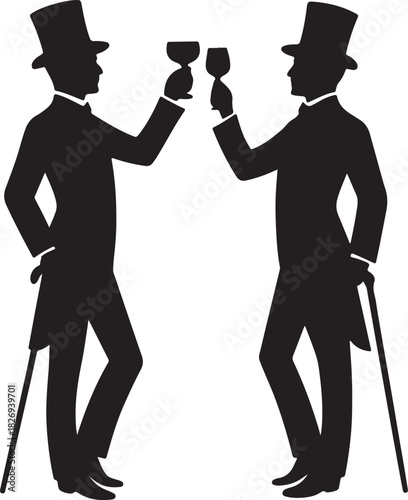 Gentlemen Toasting with Top Hats and Canes silhouette vector
