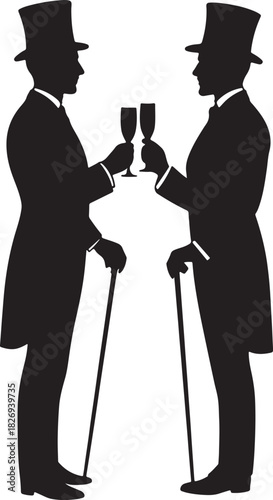 Gentlemen Toasting with Top Hats and Canes silhouette vector