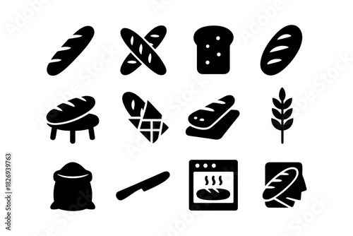 Bread icon set: silhouette collection of bakery items including baguette, loaf, oven