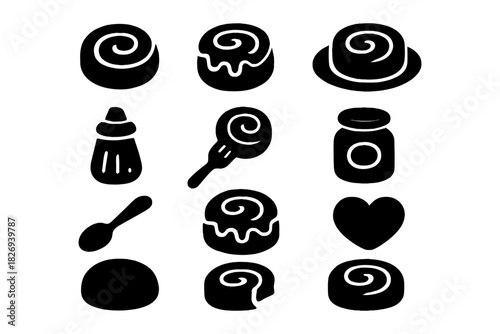 Black and white bakery icons: cinnabon, glaze, pastry, and baking tools in silhouette style