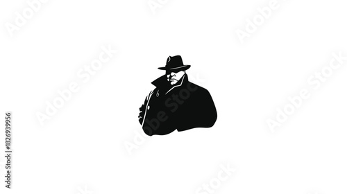 Mysterious man in fedora hat and trench coat, shadowy figure in classic noir style, secret agent or detective illustration.