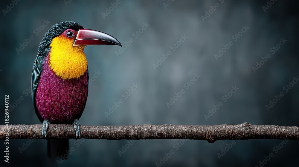 Naklejka premium A vibrant toucan perched on a branch against a blurred, moody background