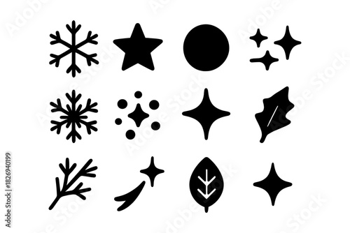 Minimalist icon set featuring snowflakes, stars, and leaves for seasonal designs
