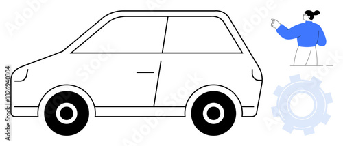 Compact car alongside gearwheel and person pointing forward, symbolizing mobility, teamwork, technology, progress, innovation, automotive industry, and future solutions. Clean and simple flat