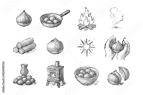 Hand drawn chestnut icons with rustic campfire and outdoors cooking elements