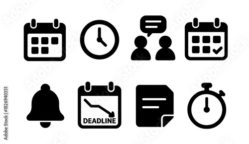 Minimalist icon set: calendar, clock, communication, and deadline symbols