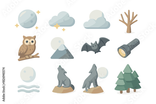 Cute retro style wilderness icons featuring animals, trees, and moon phases