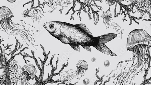 Detailed hand-drawn black and white illustration of underwater marine life with fish, jellyfish, and coral reef elements. Ocean ecosystem drawing.