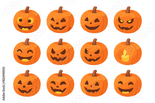 Set of cartoon pumpkin faces for halloween: twelve energetic jack o' lantern expressions