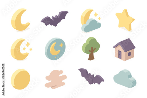 Isometric night and nature icons with moon, bat, star, cloud, tree, and house