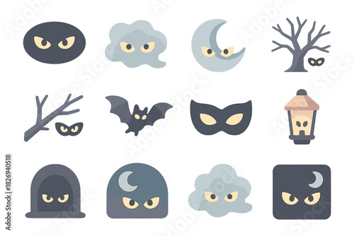 Spooky halloween eyes: nighttime icons with bats, moons, and masks for eerie designs