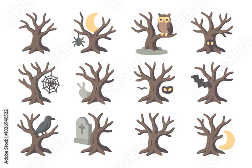 Spooky tree and halloween elements collection with owl, moon, bat, and spider