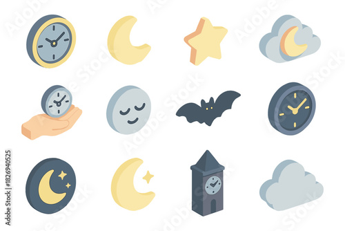 Isometric time and night elements with clocks, moons, stars, and clouds