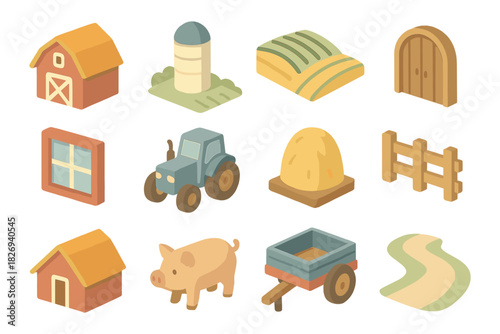 Charming isometric farmhouse icons featuring barn, tractor, pig, and more for agricultural designs