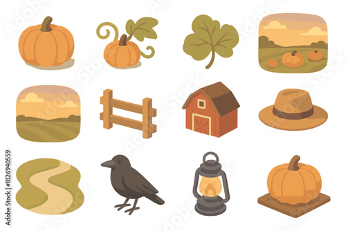 Cozy autumn farm icons: pumpkins, scarecrow, lantern, and more in rustic style