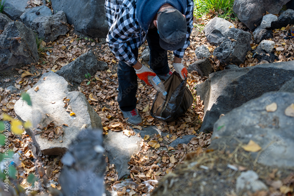 Obraz premium Volunteer Collecting Trash in Autumn Forest – Eco-Friendly Lifestyle and Nature Care