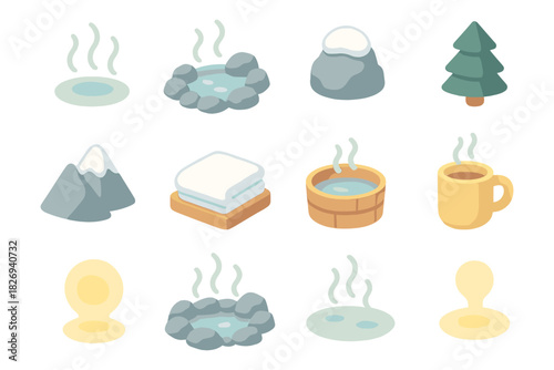 Isometric hot springs elements: pools, rocks, snow, and steam icons set