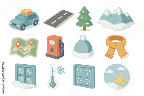 Winter travel icons: flat design of vehicle, map, and seasonal elements